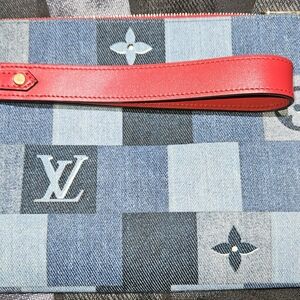 Louis Vuitton Blue Patchwork Clutch with Gold Zipper and Wristlet Strap